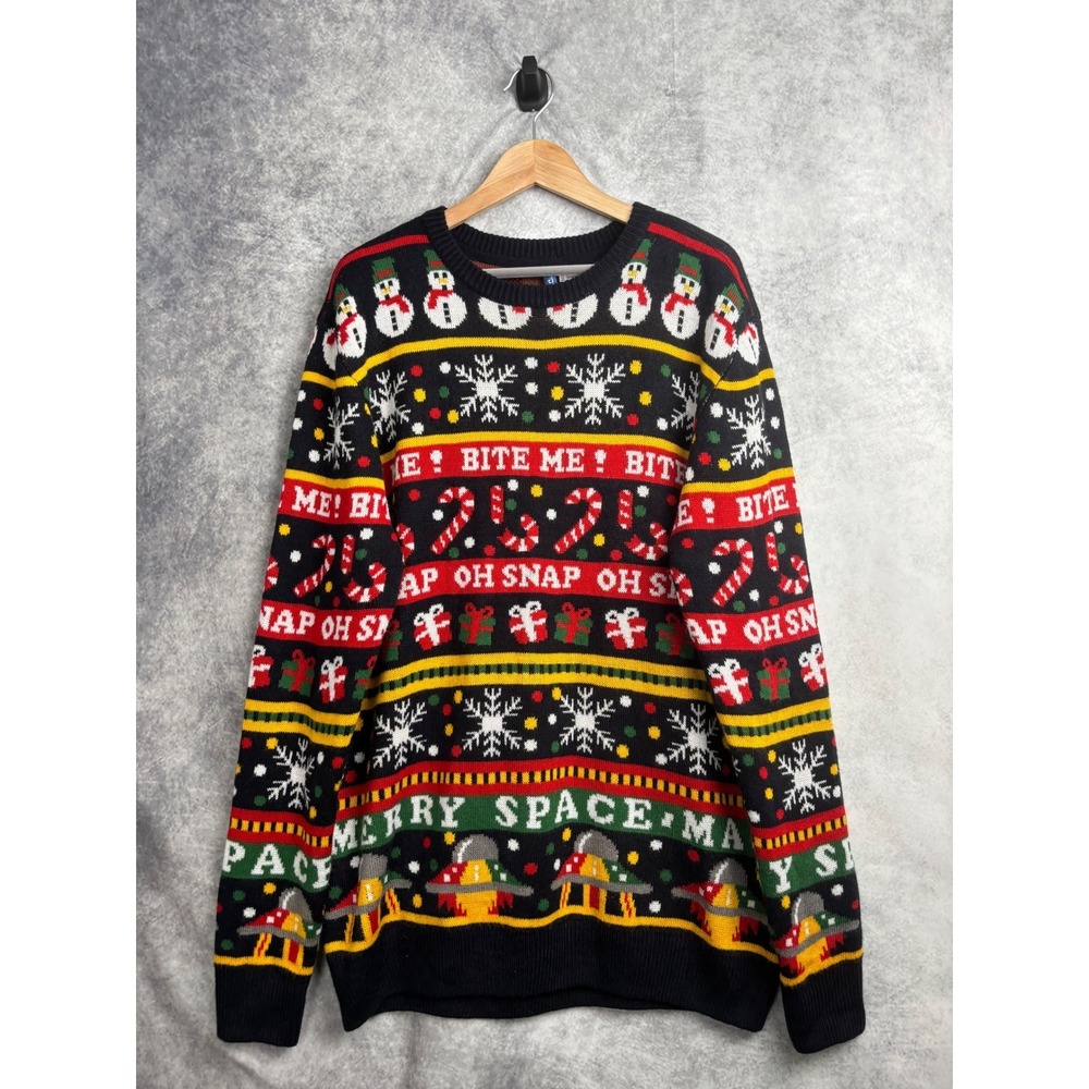 H&M Divided Ugly Christmas Holiday Sweater Bite Me Alien UFO Oh Snap Size Large